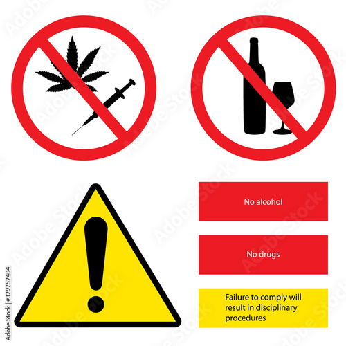 Prohibition sign set. No drugs, no alcohol, failure to comply will result in disciplinery procedures.