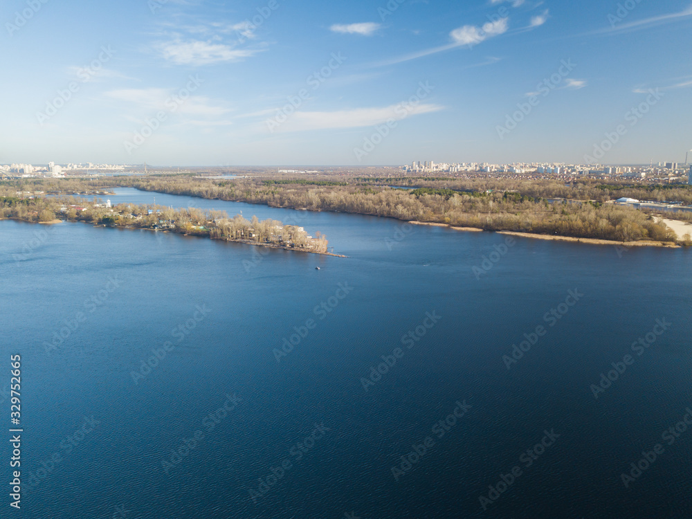 Aerial drone view. View of the Dnieper River in Kiev. Aerial drone view. View of the Dnieper River in Kiev.