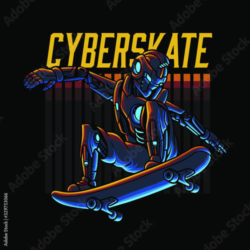 Cyber robot skateboarding vector illustration