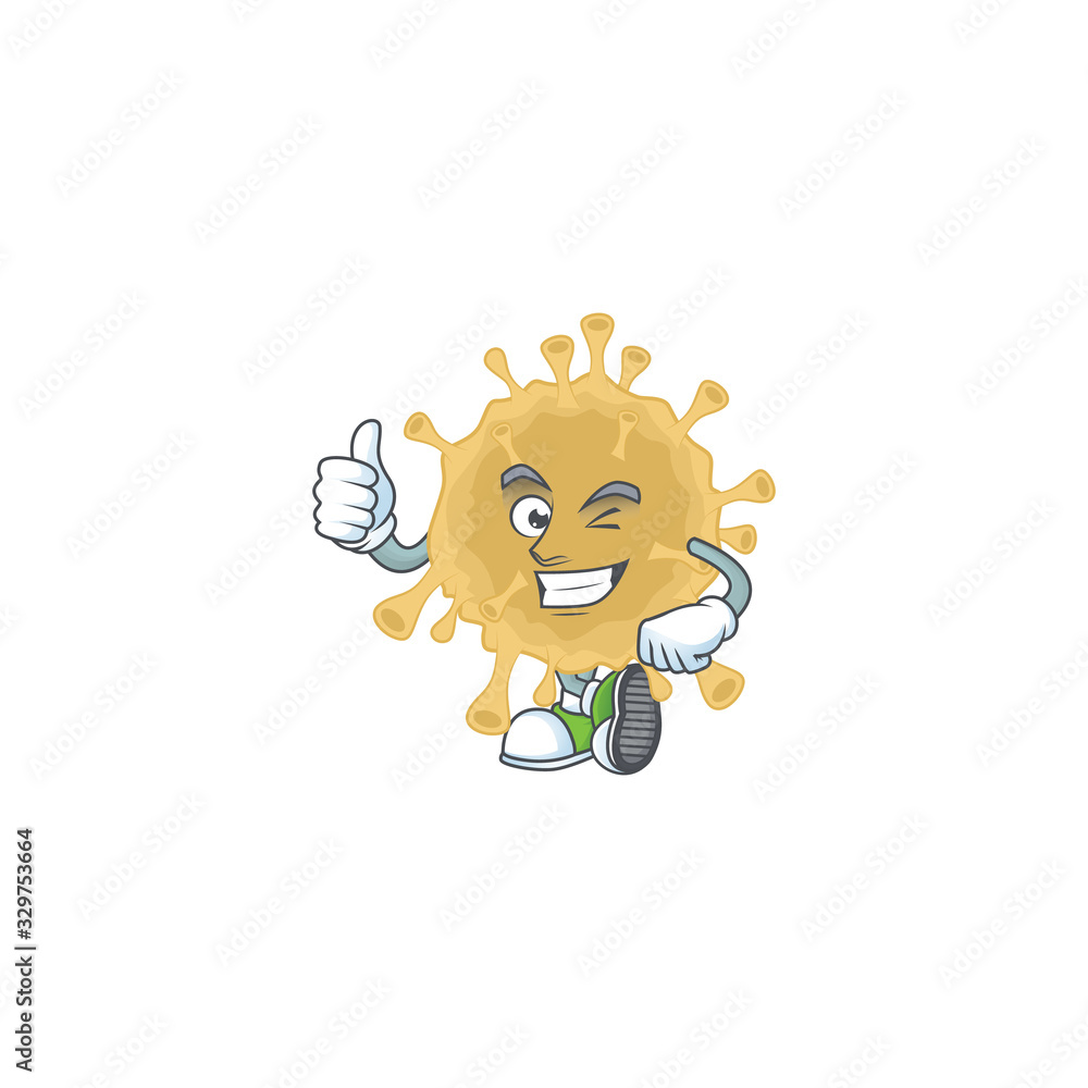 Fototapeta premium Coronavirus particle cartoon character making Thumbs up finger