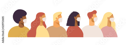 Set of people in protective face dust masks. Bundle of men and women wearing protection from urban air pollution, smog, vapor, pollutant gas emission and virus. Flat vector illustration