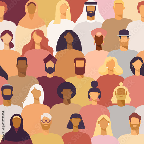 Vector seamless pattern. Crowd of young men and women. Diverse group o  people standing together. Society or population, social diversity. Flat cartoon illustration.