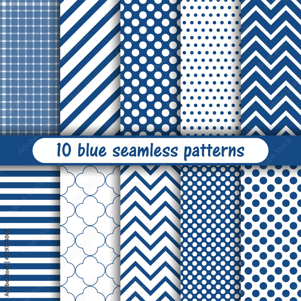 10 blue seamless patterns. Set with Classic Blue Pantone color of the year 2020.