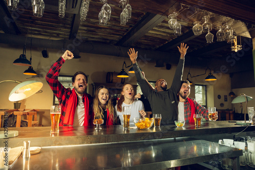 Photography Sport fans cheering at bar, pub and drinking beer while championship, competition is going