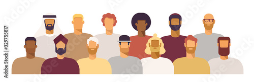 Group of men of different nationalities and cultures, skin colors and hairstyles. Society or population, social diversity. Cartoon characters. Vector illustration in flat design, isolated on white