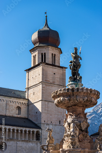 Trento city, San Vigilio Cathedral (Duomo di Trento, 1212-1321) with the bell tower and the Neptune fountain, Piazza del Duomo (Cathedral square), Trentino-Alto Adige, Italy, Europe