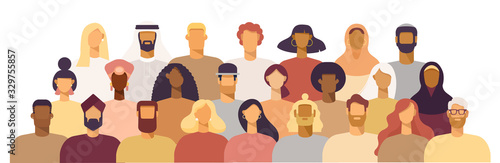 Group of people of different nationalities and cultures, skin colors and hairstyles. Society or population, social diversity. Cartoon characters. Vector illustration in flat design, isolated on white