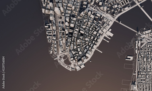New York city map 3D Rendering. Aerial satellite view.