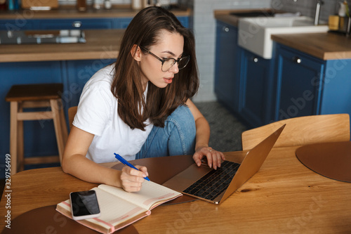Image of serious nice woman working with laptop and writing