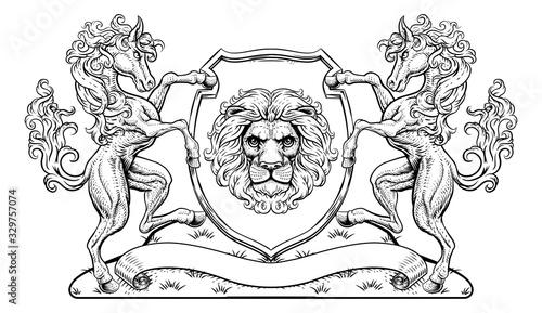 A crest coat of arms family shield seal featuring horses and lion