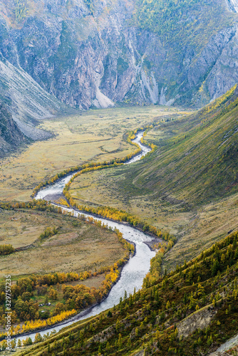Gorge of the Chulyshman River, view from above. Autumn mountain landscape. Ulagansky District, Altai Republic, Russia