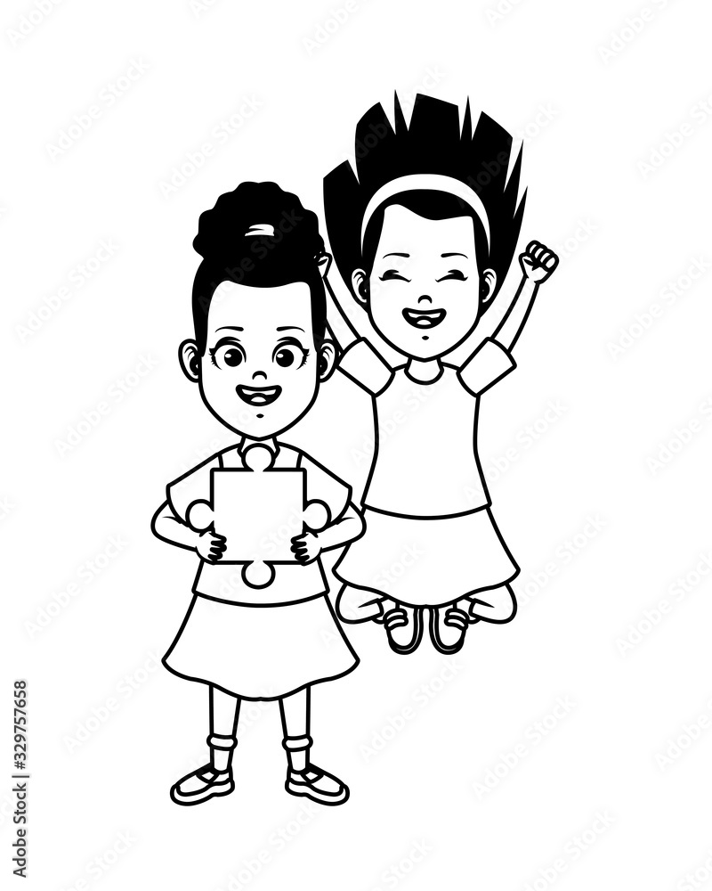 happy little girls with puzzle piece characters happy little girls with puzzle piece characters