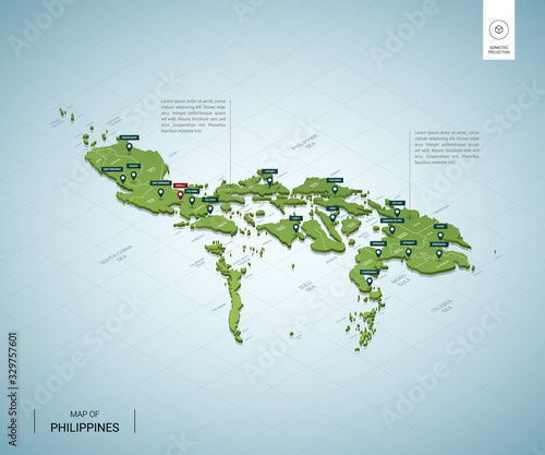 Stylized map of Philippines. Isometric 3D green map with cities, borders, capital Manila, regions. Vector illustration. Editable layers clearly labeled. English language.