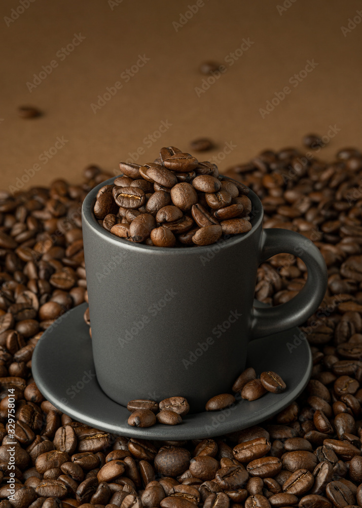 Cup and saucer with coffee beans on coffee surface Cup and saucer with coffee beans on coffee surface