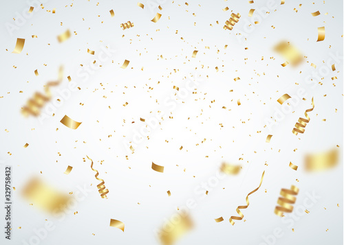 Confetti Overlays. Gold Confetti Party Celebration Background With Ribbons And Particles.