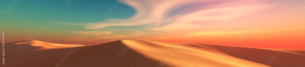 Sand dunes under the sunset sky, sand desert, 3D rendering