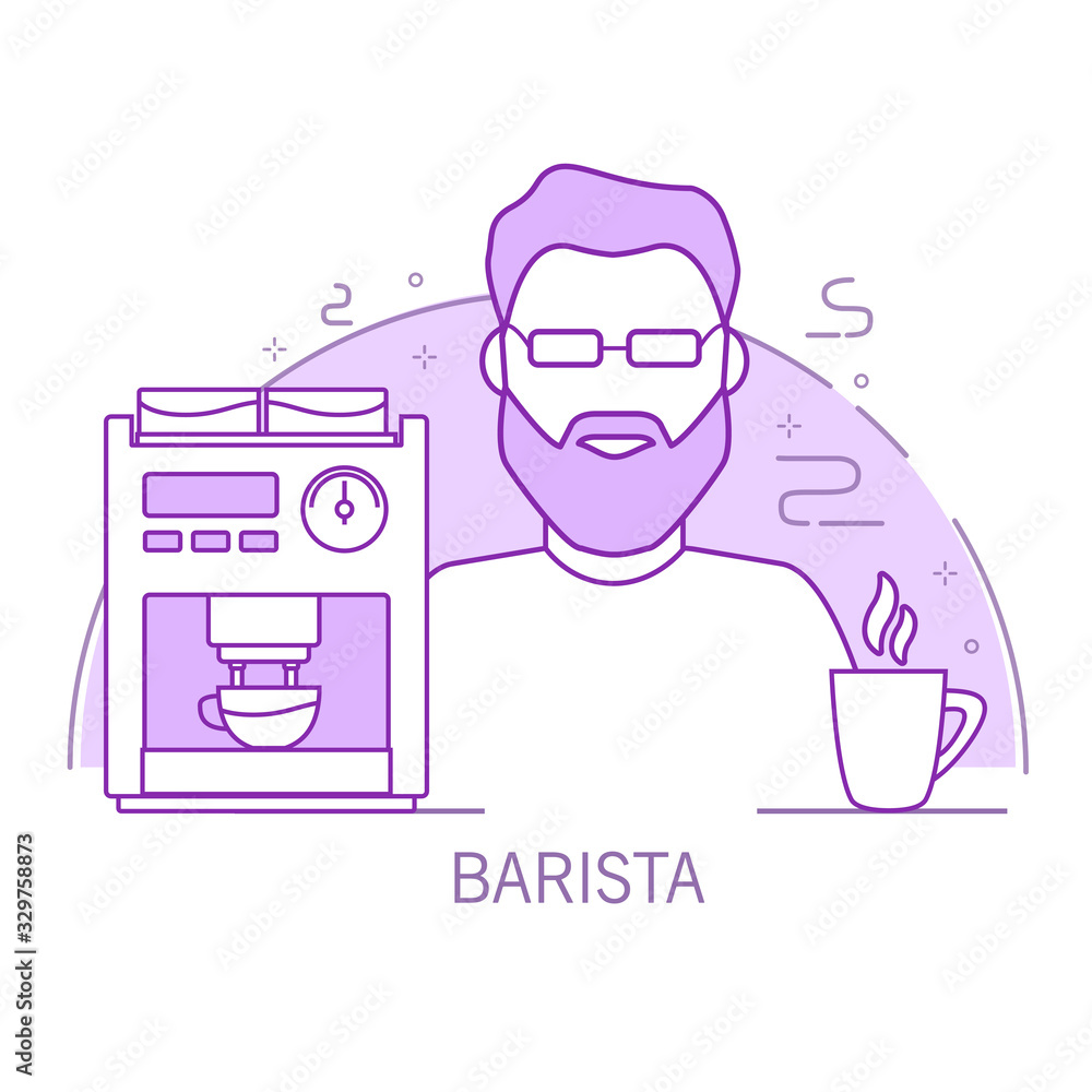 Barista outline cartoon character with a coffee maker and a cup. Hot drink. Line art vector. Barista outline cartoon character with a coffee maker and a cup. Hot drink. Line art vector.