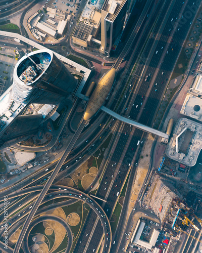 Aerial view of Dubai interchange, metro station and high rise futuristic buildings photo