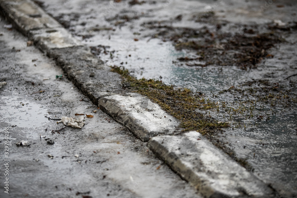 Spring, snow melting. Dirty, wet and slippery pedestrian walkways and city roads Spring, snow melting. Dirty, wet and slippery pedestrian walkways and city roads
