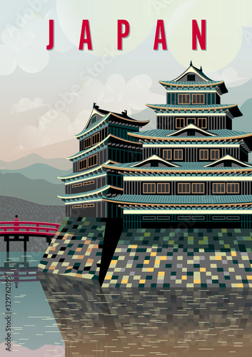 Japan travel poster with traditional castle and bridge in the first plan and mountains in the background.