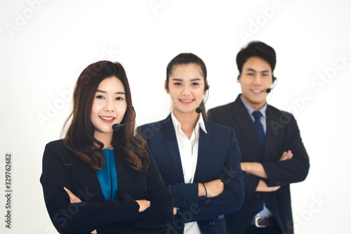 Portrait of positive smile young business staff asian call center team woman and man