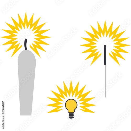 Set of icons for candle, party sparkler and light bulb over white background