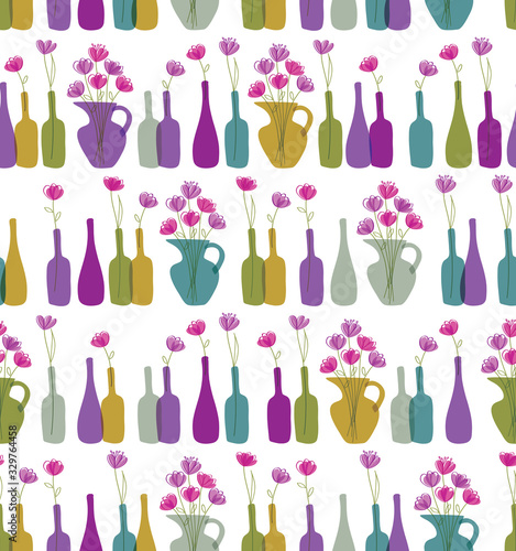 Modern seamless pattern with hand drawn spring flowers in vases and bottles for textile, fabric manufacturing, wallpaper, covers, surface, gift wrap, scrapbooking. Vector.