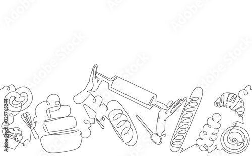 Bakery Pattern. Background with Baking Products and Utensils. Bread House banner. Cooking poster. Continuous drawing style. Vector illustration.