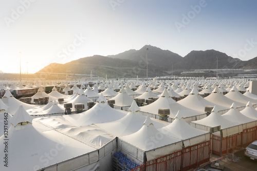 Makkah, Saudi Arabia : Landscape of Mina, City of Tents, the area for hajj pilgrims to camp during jamrah 'stoning of the devil' ritual - August 1, 2018 © leo morgen