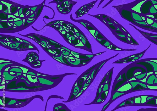 A seamless pattern of abstract leaves on a purple background.