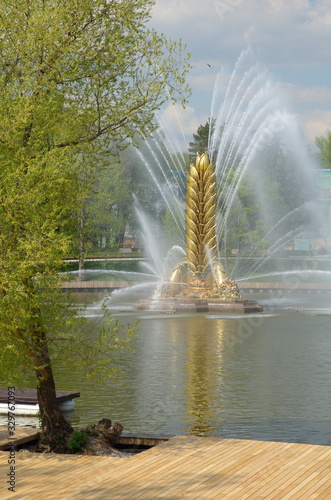 Moscow, Russia - may 7, 2019: Fountain "Golden ear" at VDNH on a spring day