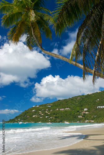 Scenic palm-fringed view of empty Caribbean beach in the Virgin Islands