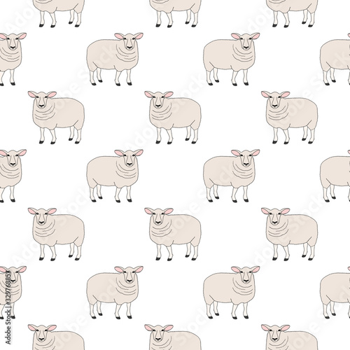 Seamless pattern with sheep, farm (domestic) animal isolated on white background. Cute print with colored graphic elements for textile, fabric, wrapping paper, scrapbooking, web design