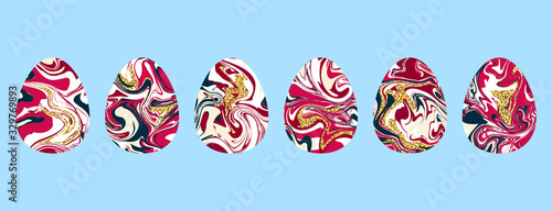 Marble texture eggs set. Liquid texture happy easter symbol. Collection painted pink, red, blue egg with gold glitter isolated on blue background. Vector stock illustration, sparkles, waves, stains