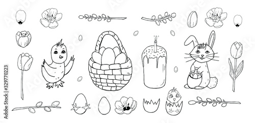 Easter basket with eggs and rabbit with chicken and hatching chick with broken eggs and tulips with pussy willow and easter cake isolated on white background. Easter elements for designing invitations