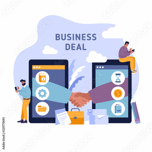 Deal on Mobile phone. Handshake of two business people with cell phone background. On line deal. Business concept illustration vector clip art design