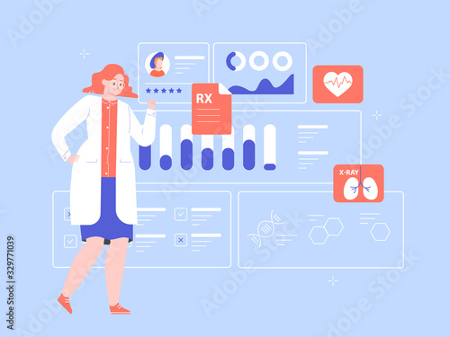 Female doctor scientist with a medical dashboard. Diagnosis of diseases, medical tests, effective treatment. Dashboard with patient health information. Vector flat illustration.