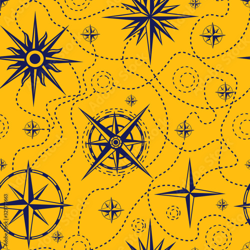 Wind rose , travel, abstract vector seamless pattern on yellow background. Concept for wallpaper, wrapping paper, cards , print 