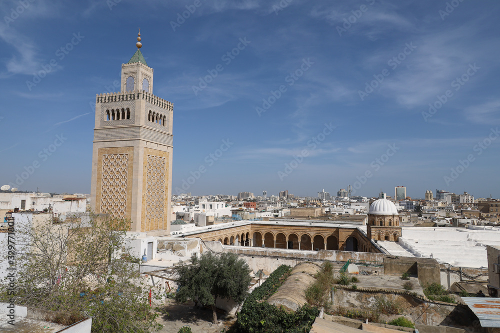 View of the minaret of the Zitouna mosque in Tunis from the rooftops of the city