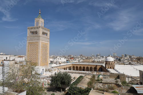 View of the minaret of the Zitouna mosque in Tunis from the rooftops of the city