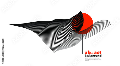 Abstract geometric on 3d shapes composition background. Design highlights the balance of clarity and disorder with bright orange circles amid a flurry of graphics.