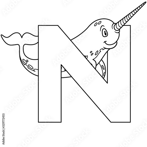 animal alphabet. capital letter N, Narwhal. Raster illustration. For pre school education, kindergarten and foreign language learning for kids and children. Coloring page and books, zoo topic.
