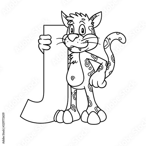 animal alphabet. capital letter J, Jaguar. Raster illustration. For pre school education, kindergarten and foreign language learning for kids and children. Coloring page and books, zoo topic.