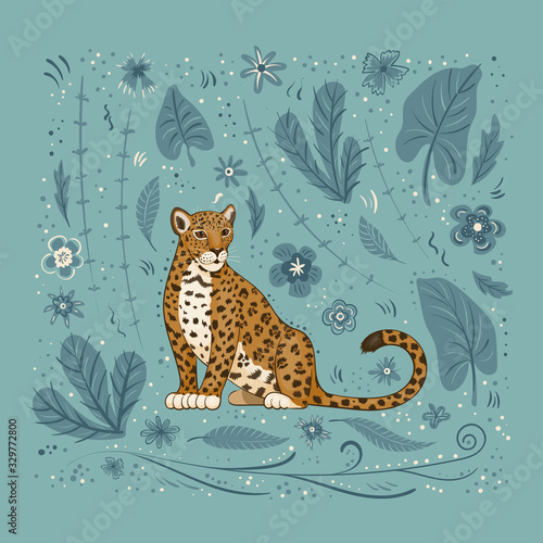 Vector illustration, a cartoon jaguar, on a blue background with flowers, leaves and spots.