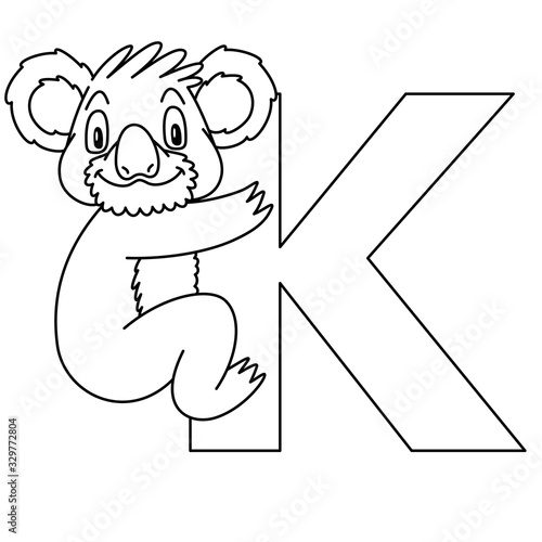 animal alphabet. capital letter K, Koala. Raster illustration. For pre school education, kindergarten and foreign language learning for kids and children. Coloring page and books, zoo topic.