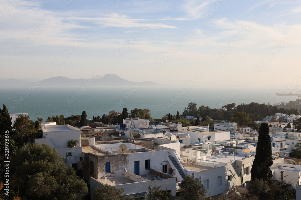 Fototapeta premium Sunset on the roofs of Sidi Bou Said in Tunisia
