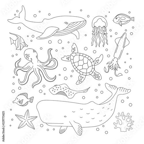 Set of marine inhabitants. Underwater sea fauna. Blue whale, sperm whale, jellyfish, stingray, coral, fish, starfish, turtle. Elements for coloring. Doodle illustration isolated on white background.