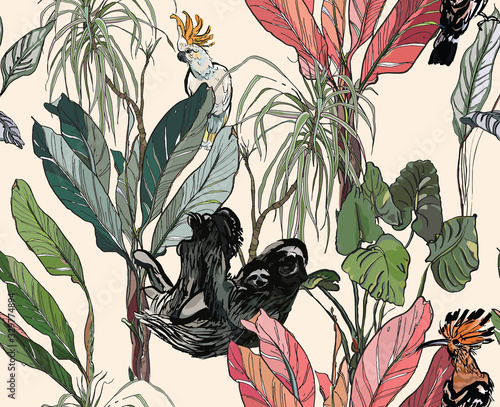 Sloth Animals, Cockatoo and Hoopoe in Pink Banana Jungle Leaves, Exotic Plants Forest, Tropical Wallpaper
