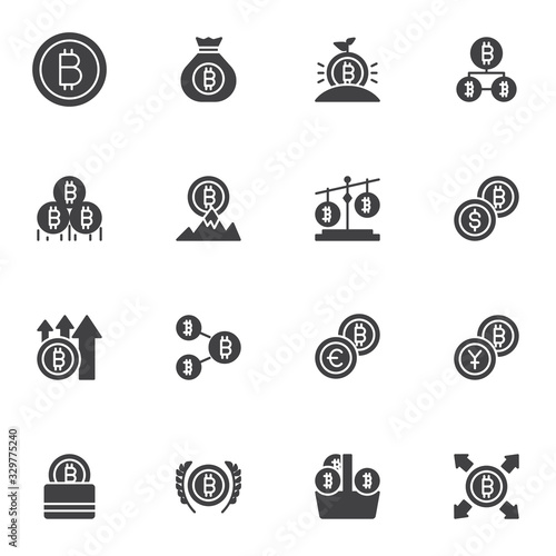 Bitcoin vector icons set, modern solid symbol collection, Cryptocurrency mining filled style pictogram pack. Signs logo illustration. Set includes icons - currency exchange, money transfer, blockchain