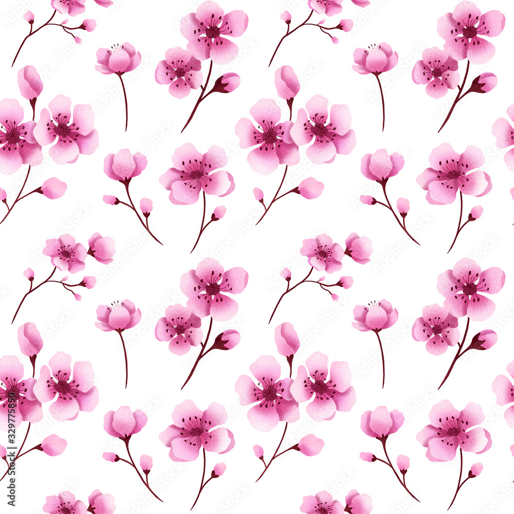 Seamless cherry blossom pattern. Hand drawn sakura flowers background illustration. Pink cherry flowers pattern for print, fabric, greeting cards, wedding, wrapping paper. Sakura blossom pattern.